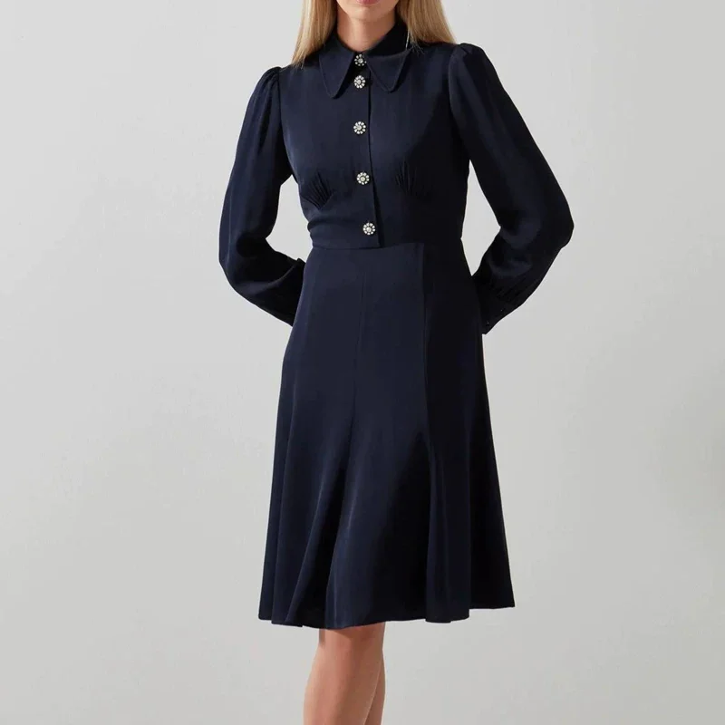 Navy Blue Viscose Jewel Buttons Midi Shirt Dress UK 10 12 14 16