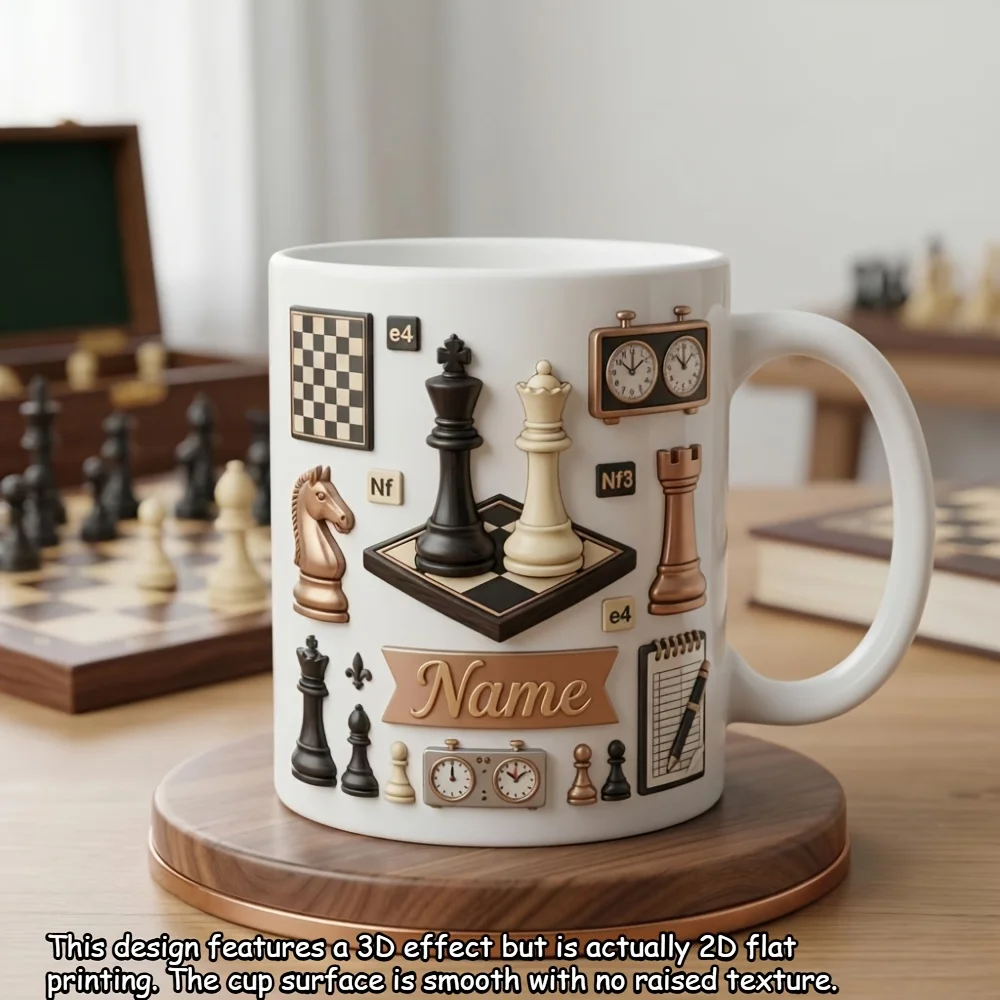 Custom Name Chess Mug 11oz Black Handle Ceramic Coffee Cup Chess Set Clock Design Tea Cup for Chess Player Strategy Game Lover B
