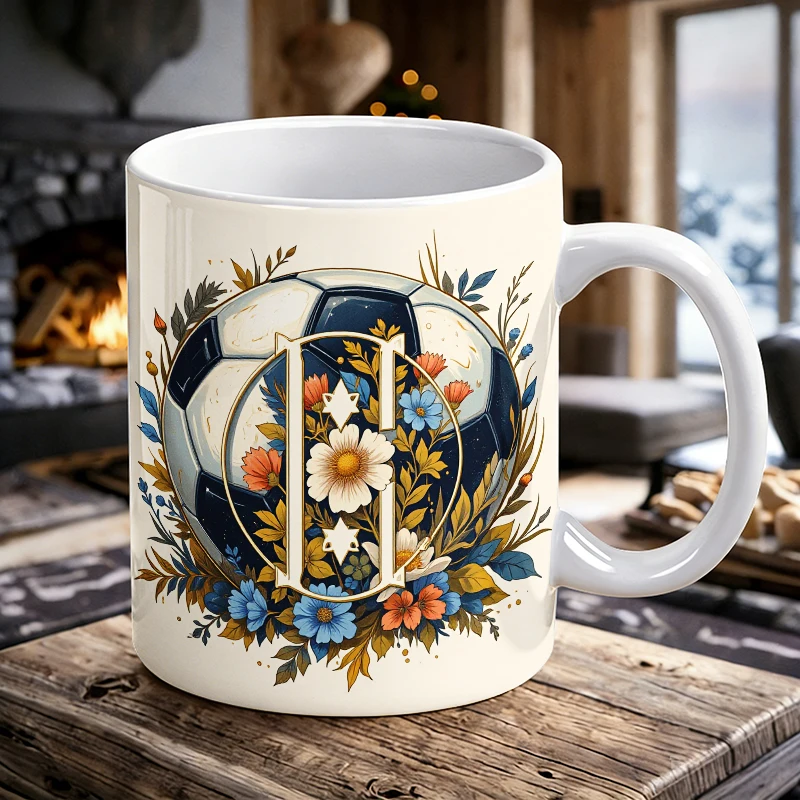 Personalized Monogram Floral Soccer Ceramic Mug, Coffee Cup, Milk Cup, Office Tea Cup, Drinking Cup, Gift for Friends