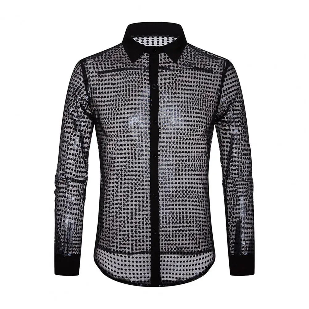 

Sequin Embellished Shirt Stylish Men's Sequin Embellished Lapel Shirt with See-through Design Comfortable Skin-friendly for A