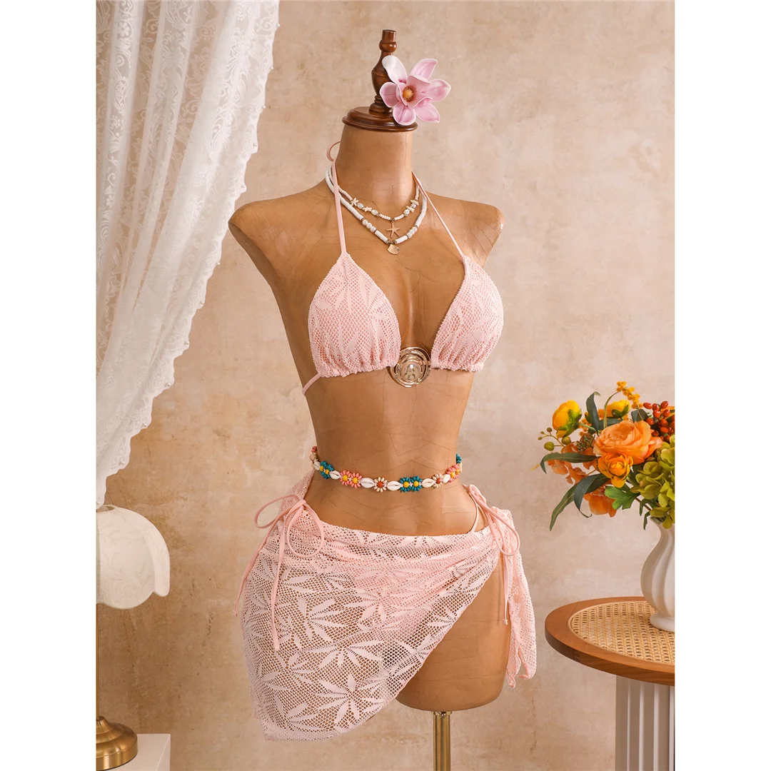Mit Sarong-Blättern bedruckter Neckholder-Bikini, Damen-Badeanzug, dreiteiliges Bikini-Set, Badebekleidung, Badeanzug, Schwimmanzug V8367 – Detail 27