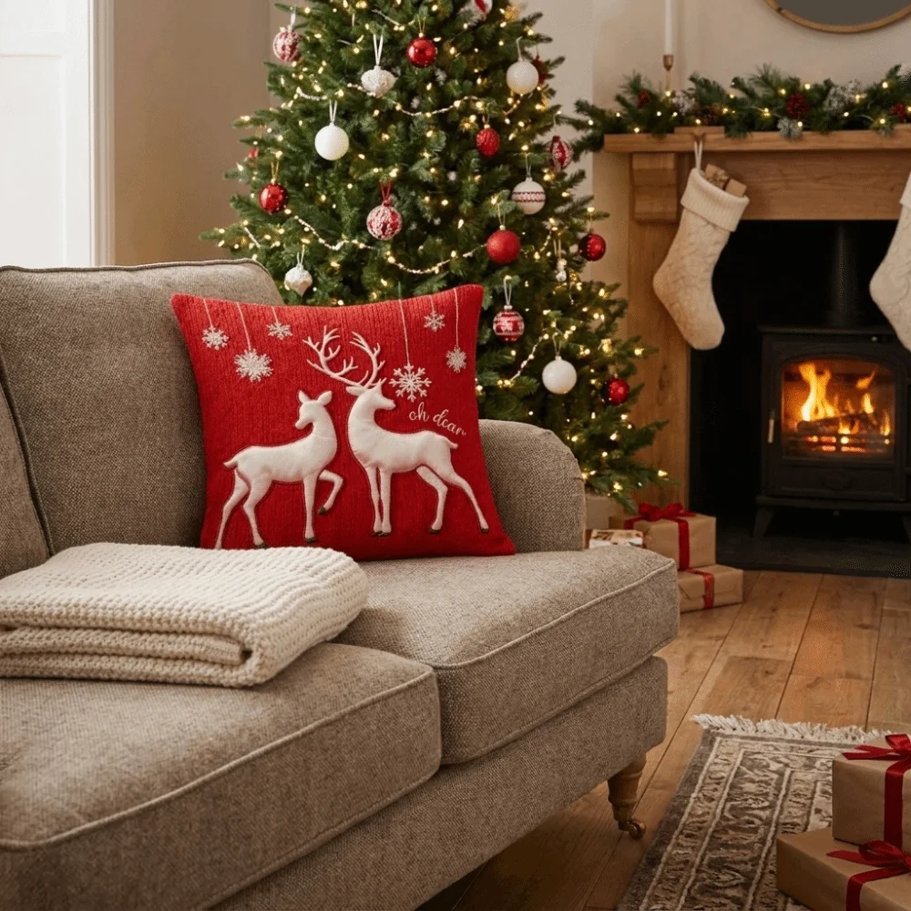 Cute 2D Flat Printed Christmas Pillow Cover Polyester Snowflake Throw Cushion Cover 18x18 Inch Soft Square Pillowcase Xmas Decor