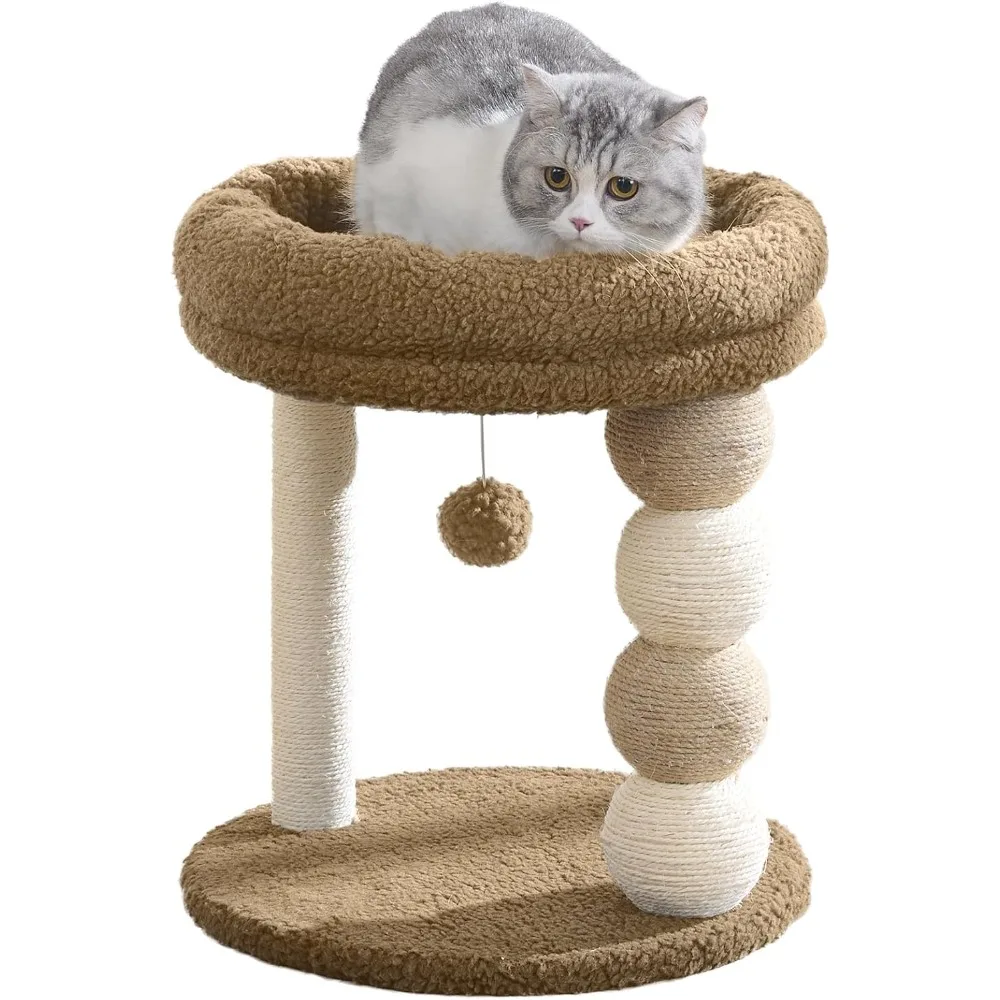 

Small Cat Tree Tower Indoor with Large Cozy Plush Top Perch, Natural Sisal Scratching Posts, Interactive Dangling Ball Great