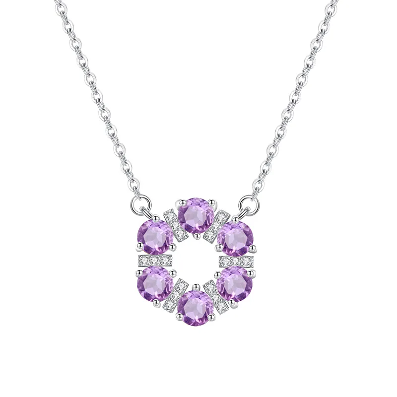Collar de Plata de Ley S925 con Colgante Redondo Elegante para Mujer, con Topacio, Citrino, Granate, Amatista, Peridoto, Joyería Fina para Mujer