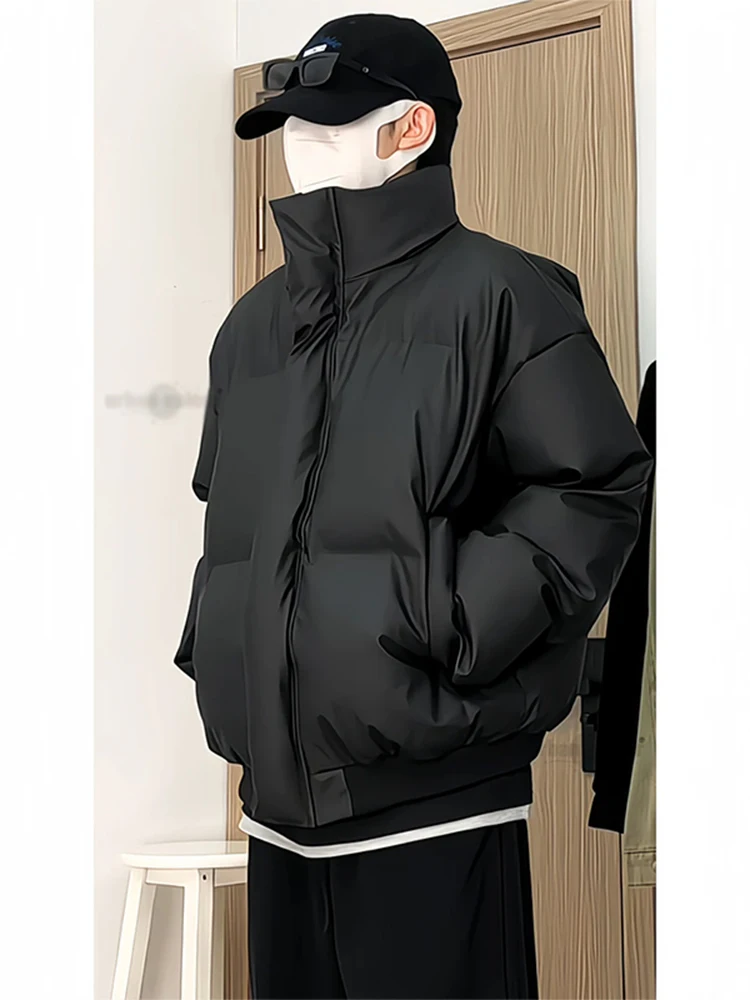 

Black PU Leather Men's Winter Thickened Warm Short Cotton Jacket Cleanfit High Street Trendy Brand Cotton Coat Youth Casual