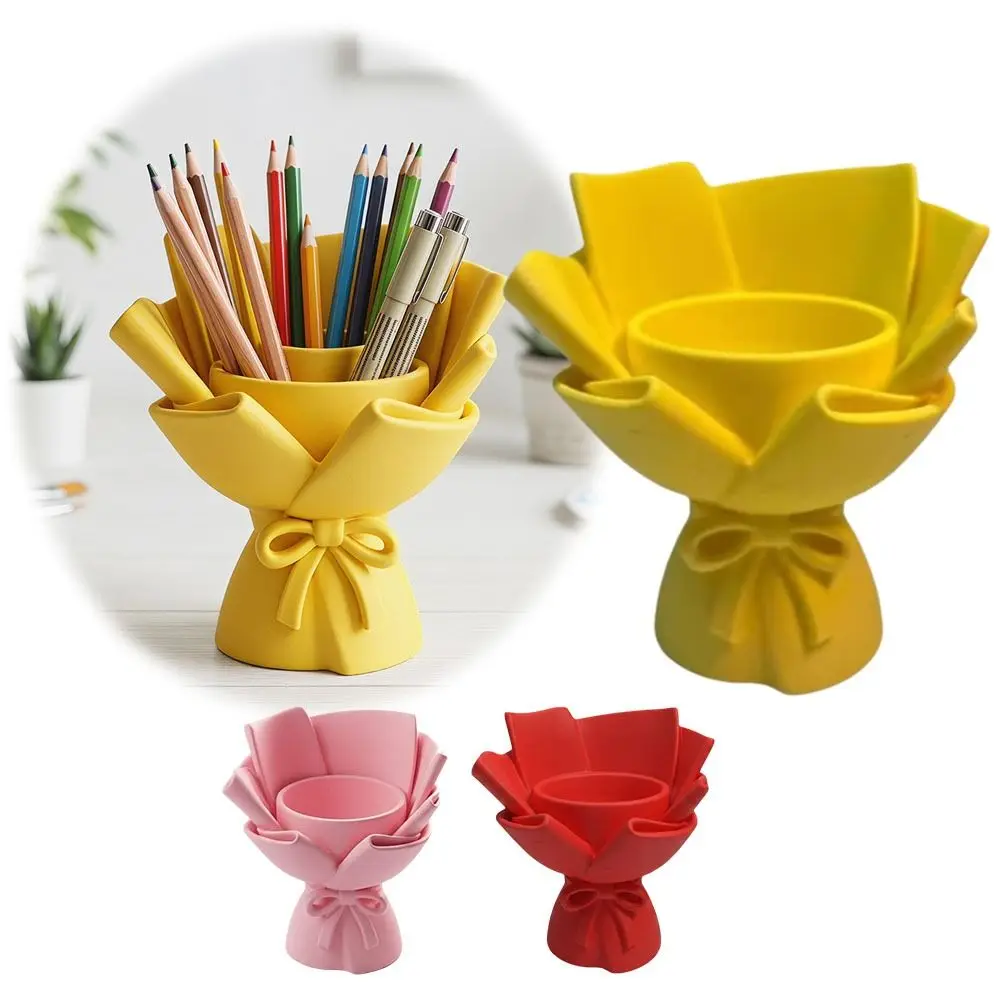 Kawaii Style Flower Bouquet Pen Holder Sweet Bow Design Creative Assembly Desk Makeup Brush Stand DIY Handicraft 3D Printing