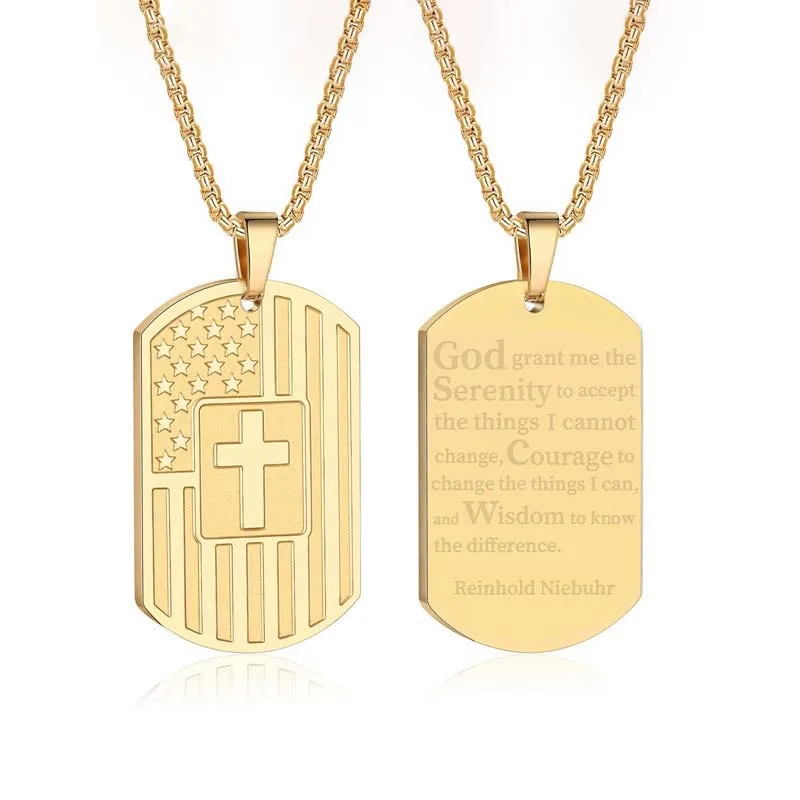 304L Stainless Steel USA Flag Pendant Necklace Men Bible Verse Cross Necklace for Men Women Jewelry Spiritual Necklace