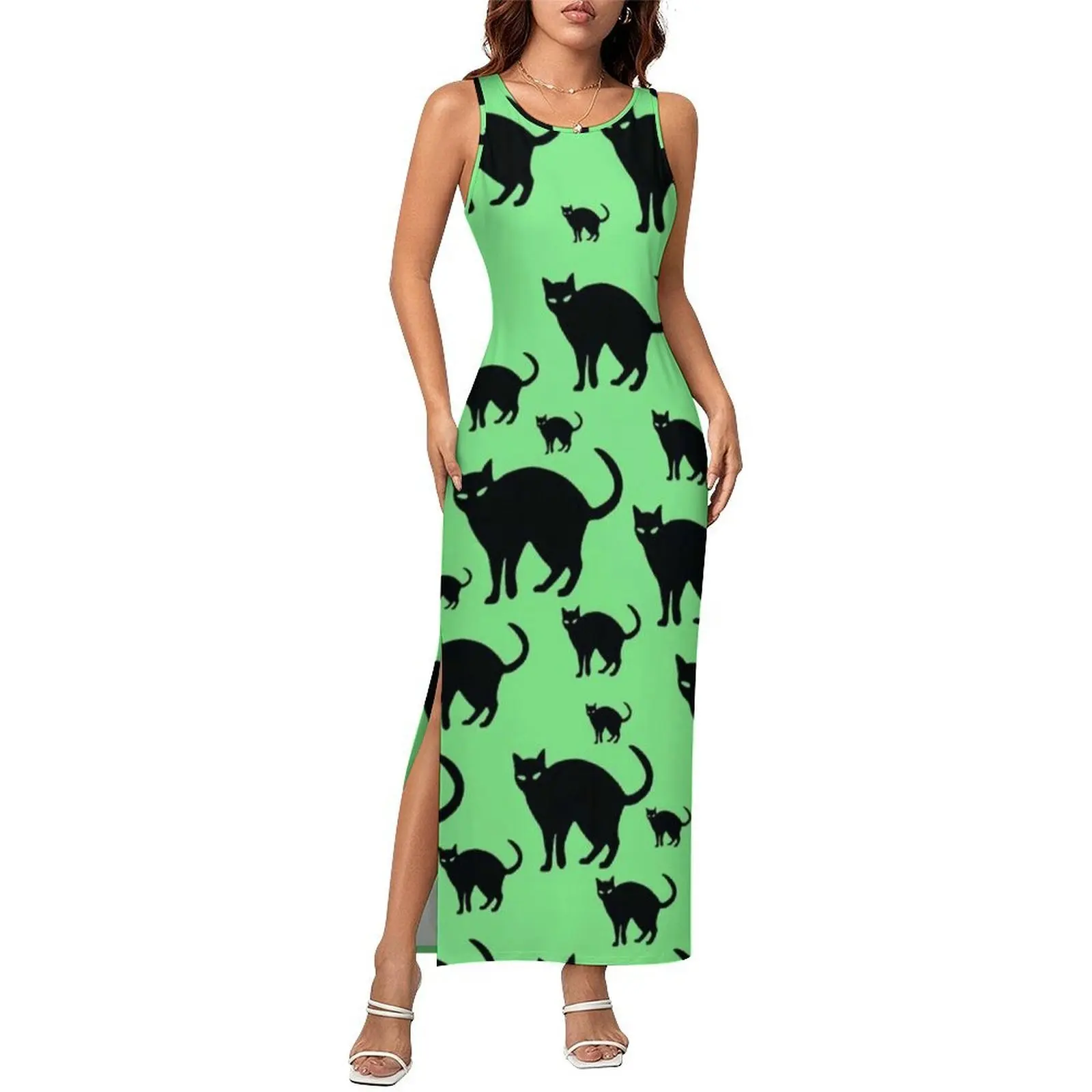 Women Bodycon Dress Kawaii Black Cat Pattern Maxi Dresses Holiday Funny Animal Print Sleeveless Streetwear Custom Dress