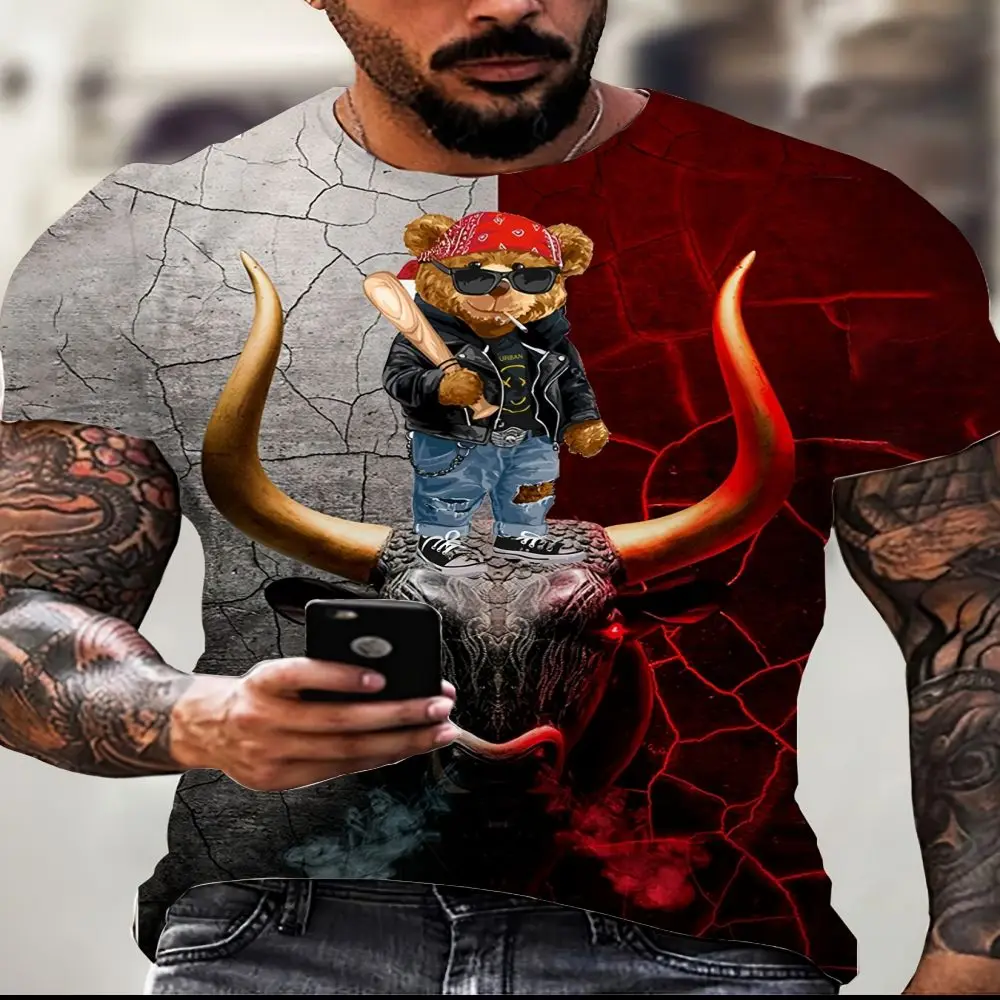 2024 Novel and Fashionable Men\'s New 3D Bull Demon Pattern Printed T-shirt Round Neck Short Sleeve Tops Outdoor Casual Pullover