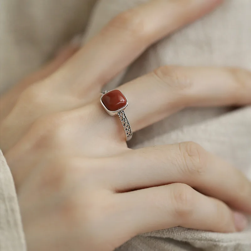 925 Sterling Silver Jewelry Red Agate Hollow Vintage Open Finger Rings for Women Wedding Party Jewelry For Girls Friend Gift