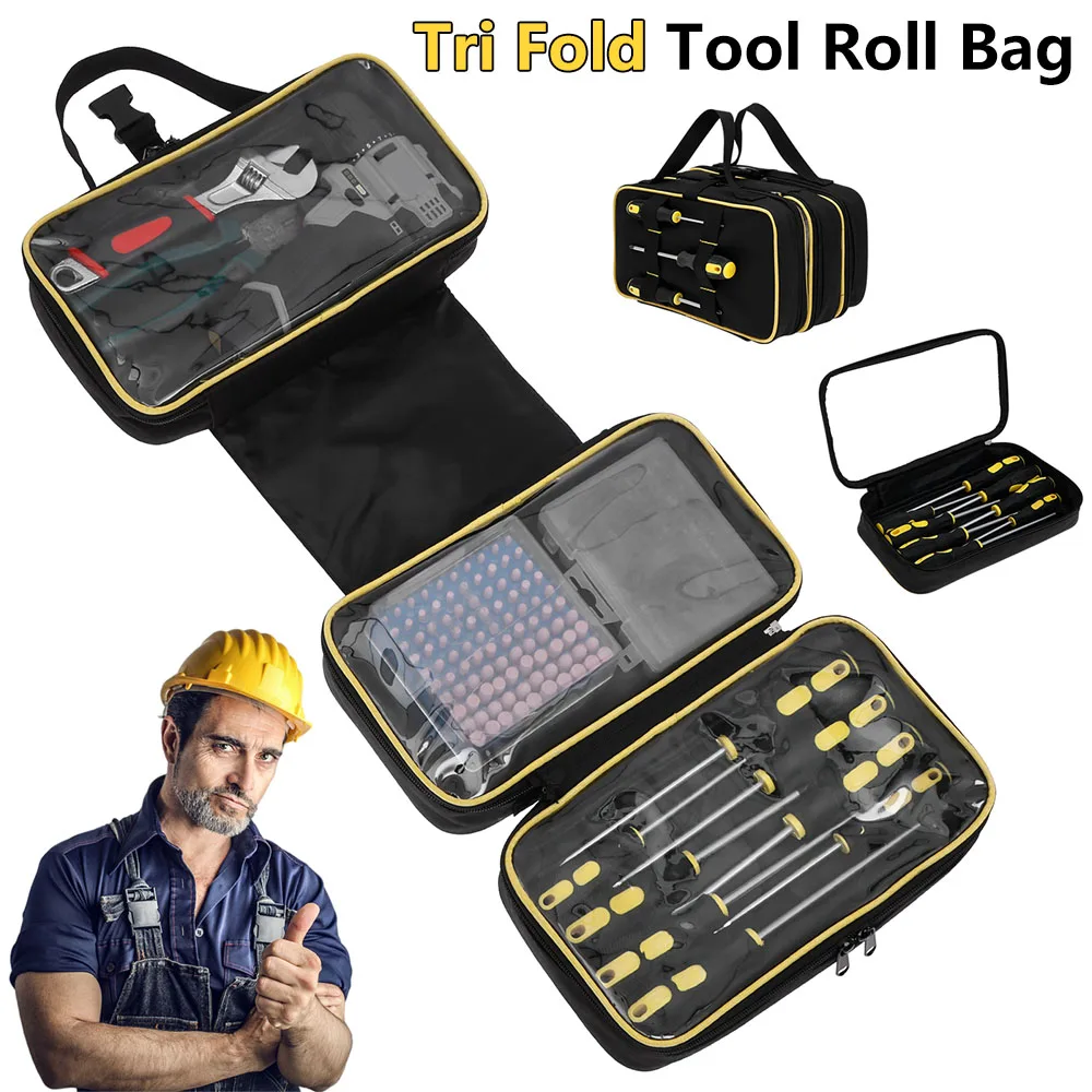 

Сумка-органайзер для инструментов Tri Fold Tool Roll Bag из водонепроницаемой ткани Оксфорд 600D с 3 прозрачными окнами, сверхпрочная, для работы