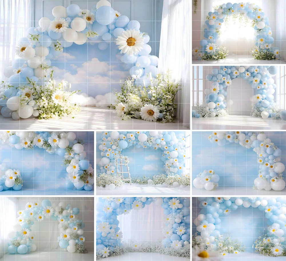 

Mehofond Photography Background Blue White Daisy Floral Balloon Kids Birthday Cake Smash Portrait Decor Backdrop Photo Studio