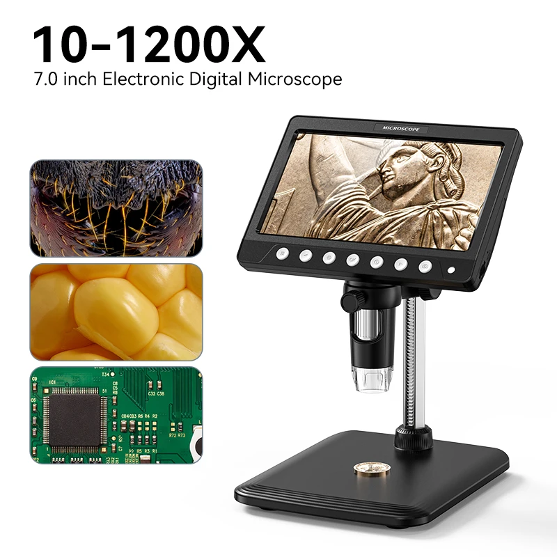 5MP Digital Coin Microscope 7 Inch 50X-1200X Magnifier with Stand Soldering Video Microscope Repair Coin Magnifier 8 LEDS