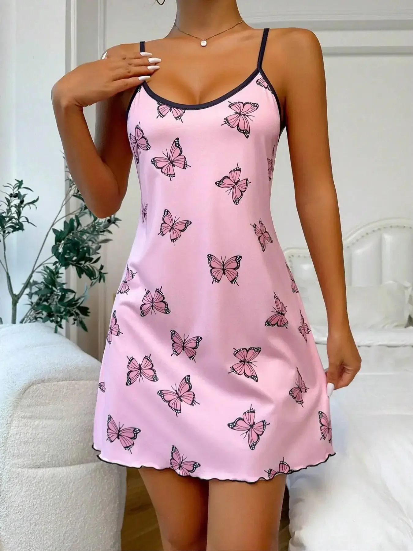 Butterfly Printed Slip Nightdress Women Sexy Lingerie Sleepwear Round Neck Sleep Dress Split Thigh Nighties Nightgown Loungwear