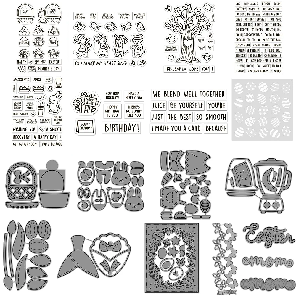 Cesta de huevos de Pascua, troqueles de conejito, troqueles de corte, carritos de golosinas, sentimientos, sellos transparentes, bricolaje, fabricación de tarjetas de álbum de recortes para el día de la madre