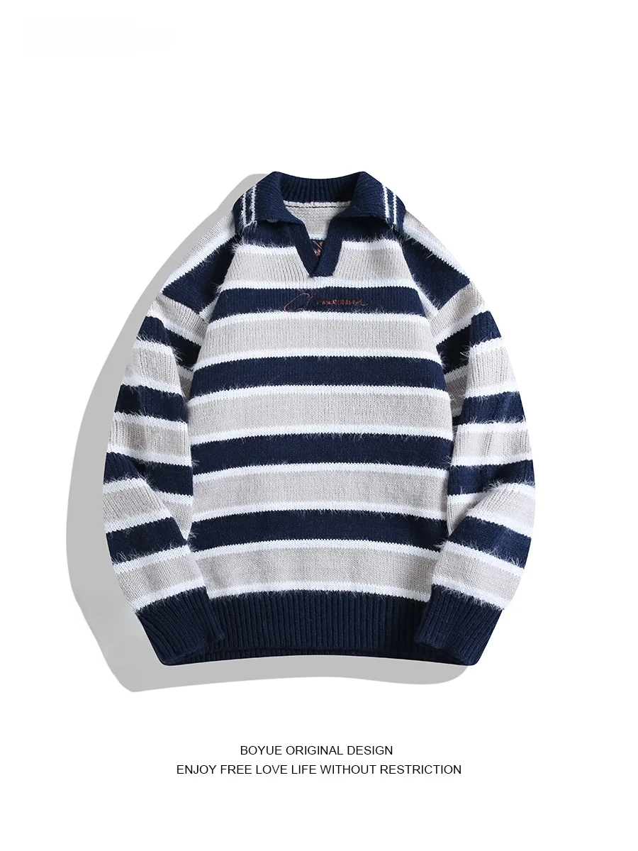 

Boyue Casual Knitted Sweater with Embroidery Contrast Stripe Design Turn-down Collar Men's And Women's Sle Warm Winter Wear