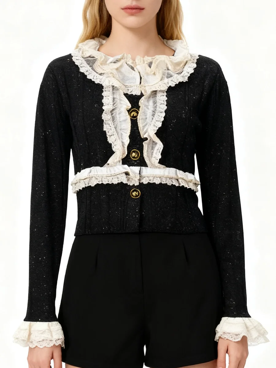 VGH Temperament Verstärktes Rüschen Abnehmen Hit Farbe Jacken Für Frauen Rundhals Langarm Herbst Chic Jacke Weibliche Mode Neue