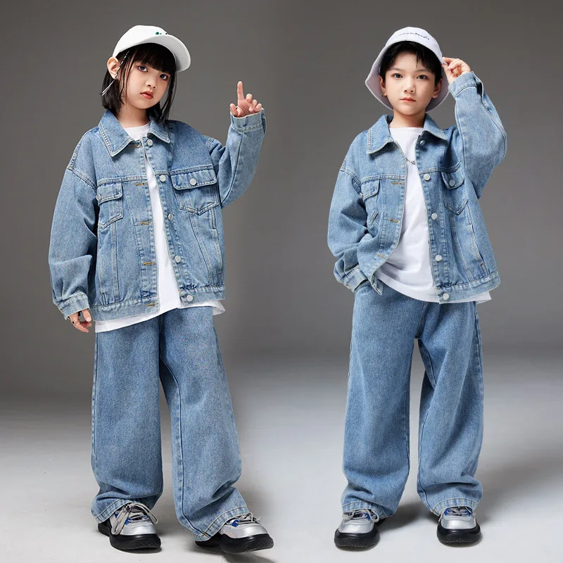 New Long Sleeved Denim Jacket Jogger Pants For Girls Jazz Dance Costume Boys Hip Hop Clothing Kids Street Dance Outfit SL9315