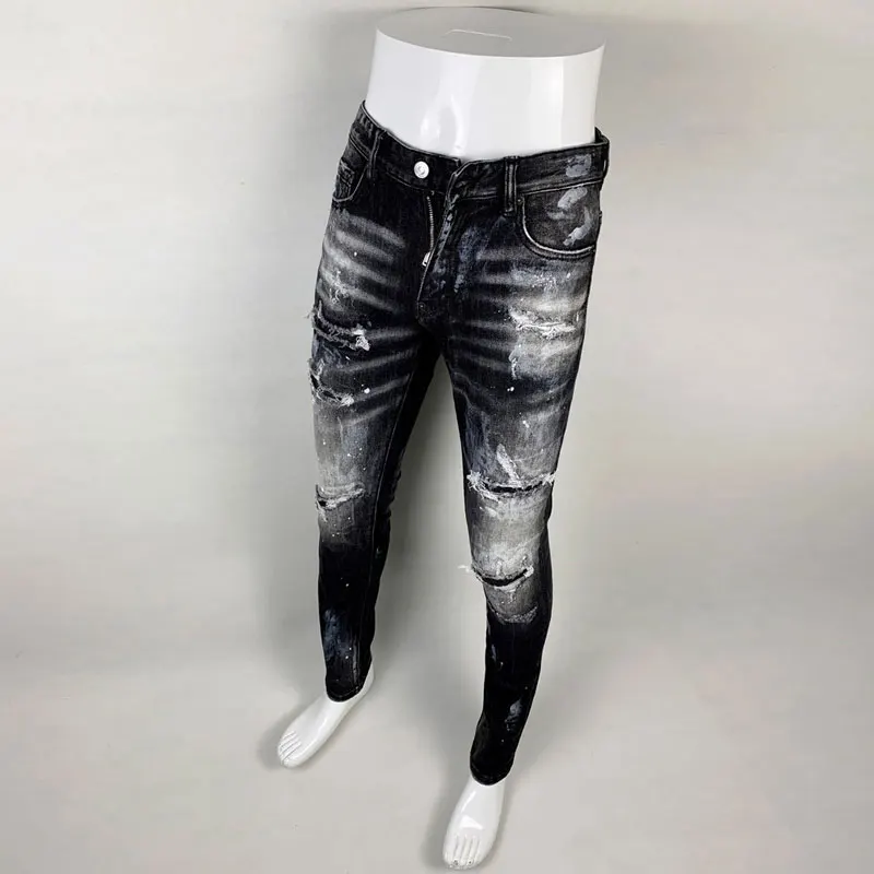 High Street Fashion Men Jeans Retro Black Gray Stretch Slim Fit Ripped Jeans Men Painted Designer Hip Hop Brand Pants Hombre
