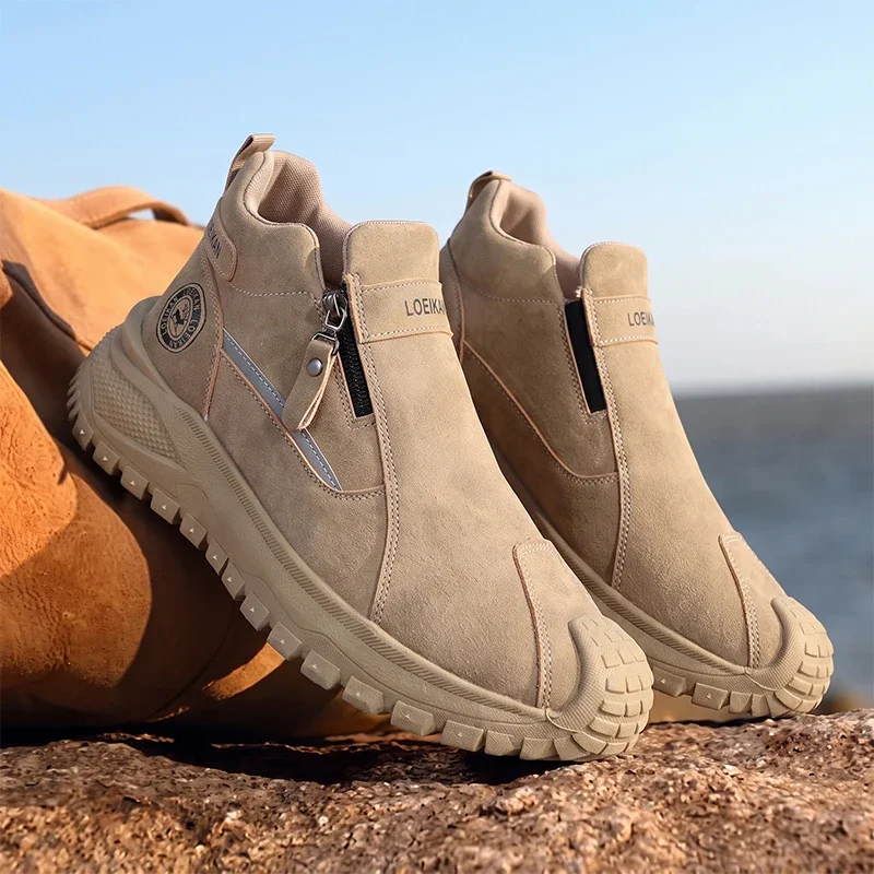 Men Side Zipper Ankle Boots Retro High Top Shoes Wear-resistant Thick Sole Casual Walking Boots
