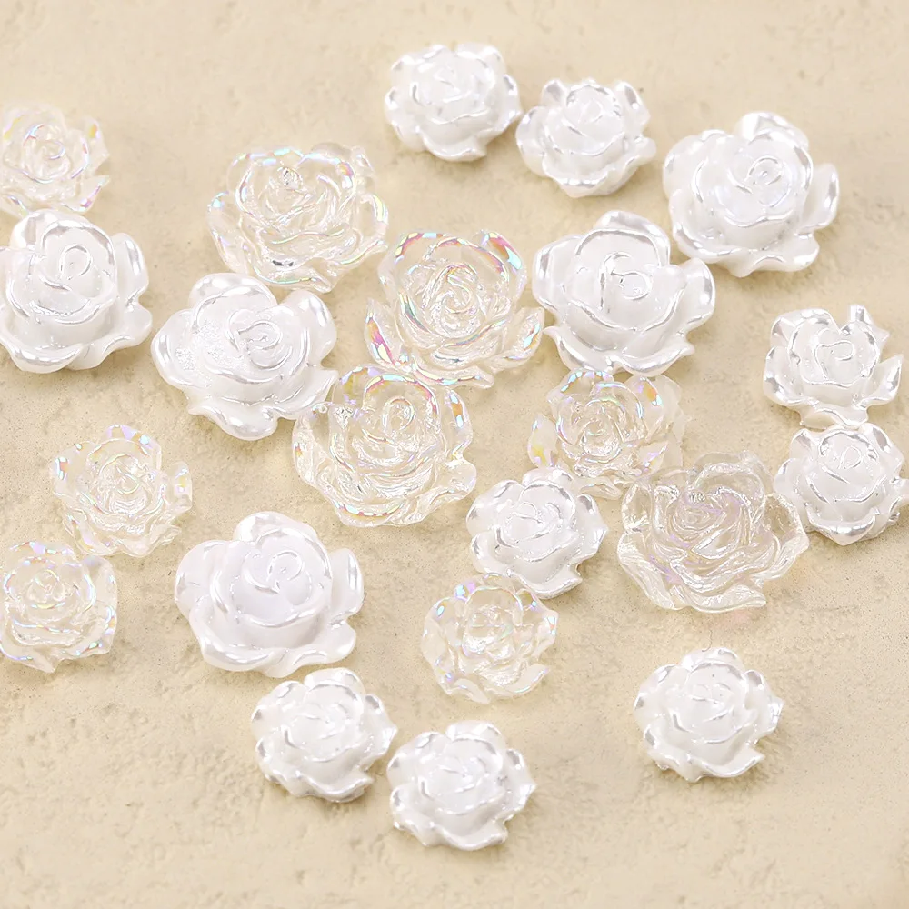 Mix 50PCS 6/8/10MM White Rose Flowers Charms For Wedding Nail Art Decoration 3D Resin Aurora And Glazed Petal Flower Pearl Beads