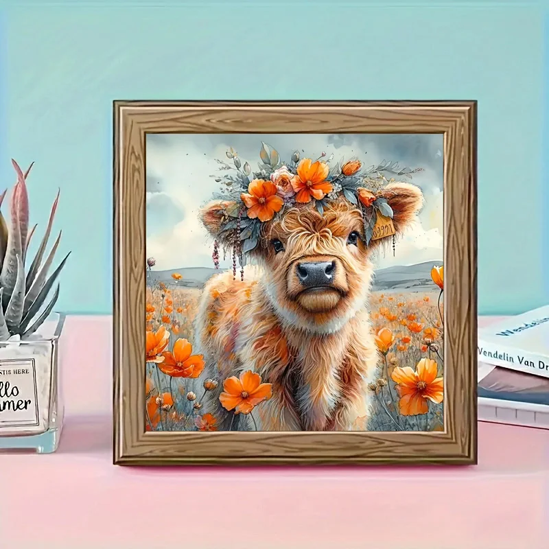 5D DIY Diamond Painting Kit Cute Highland Cow Flowers Art Full Round/Square Drill Rhinestones Mosaic Wall Home Decor Craft Gifts