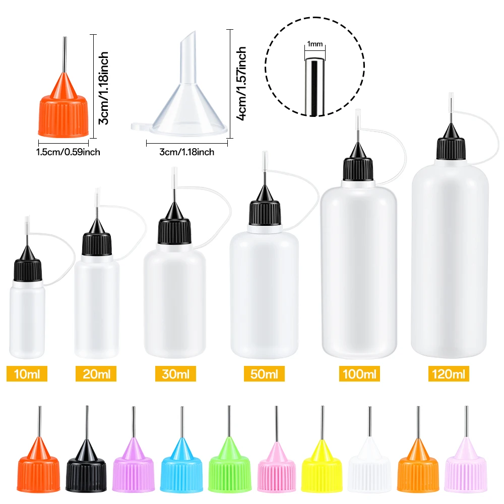 Set di 5 Flaconi Applicatori di Precisione da 10ml-120ml con Punta a Ago e 2 Mini Imbuti per Pittura Fai-da-Te e Quilling su Carta
