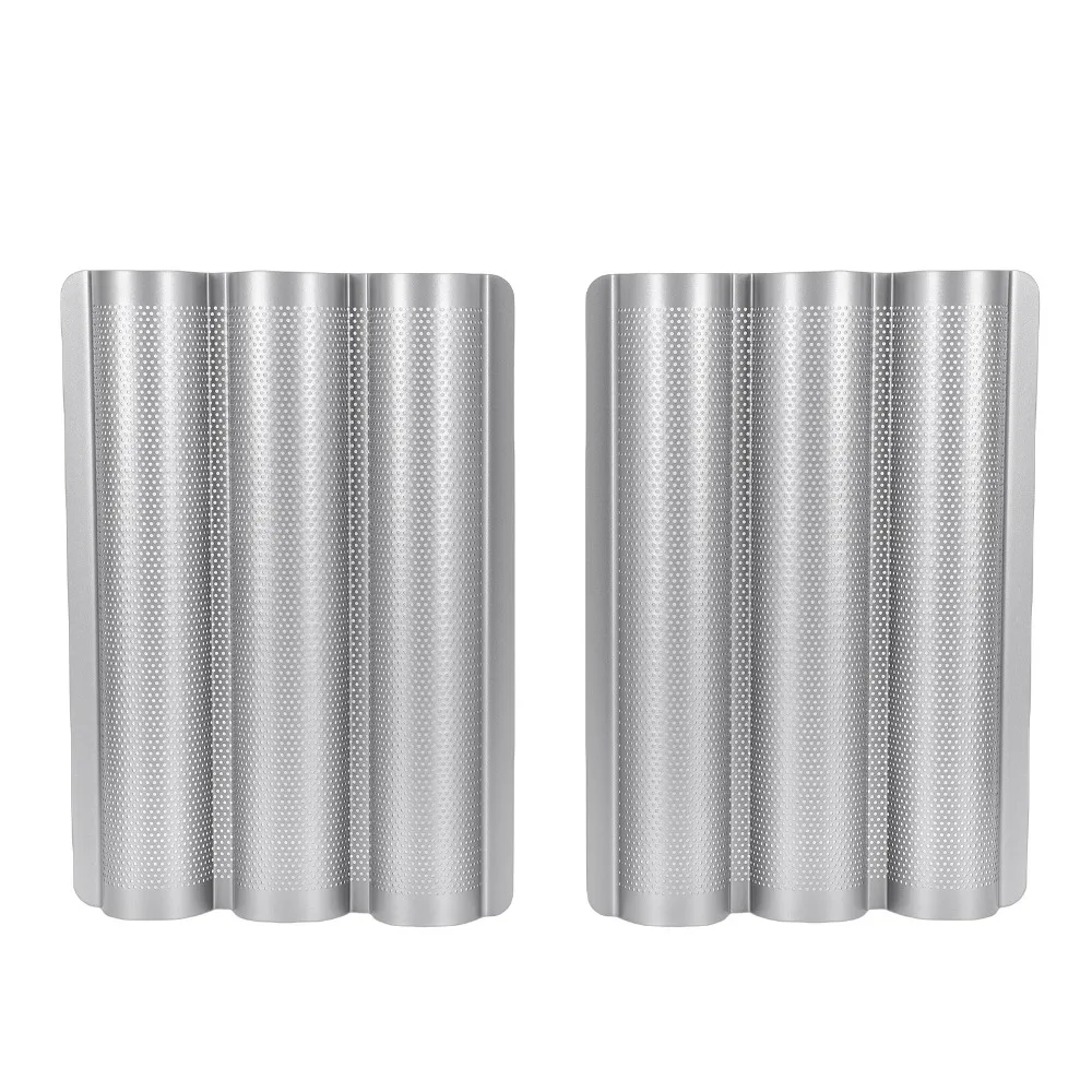 2PCS Carbon Steel Baguette Baking Pan Three Channel Perforated Bread Baking Tray Wave Shape Rounded Corner Baguette Mold