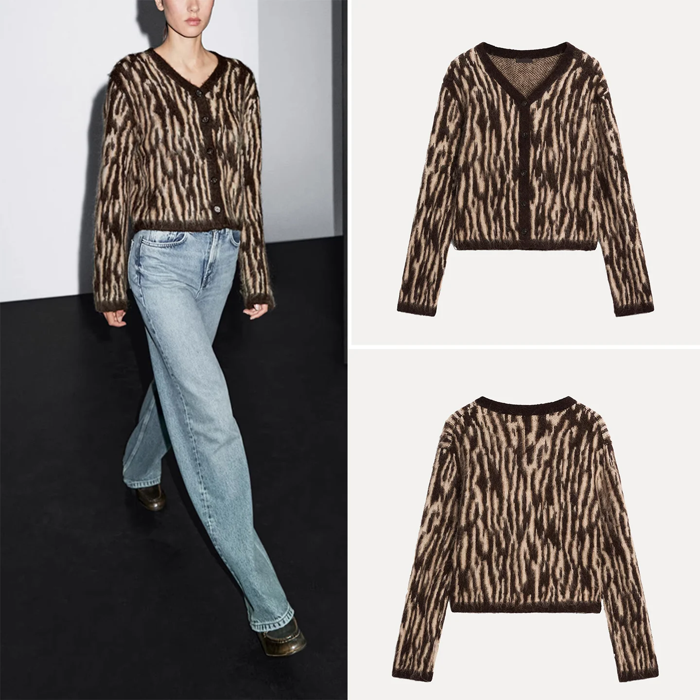 

Коричневый свитер с открытым передом и принтом зебры V-Ne, женский модный осенний кардиган Z, брендовый вязаный кардиган, европейский сле