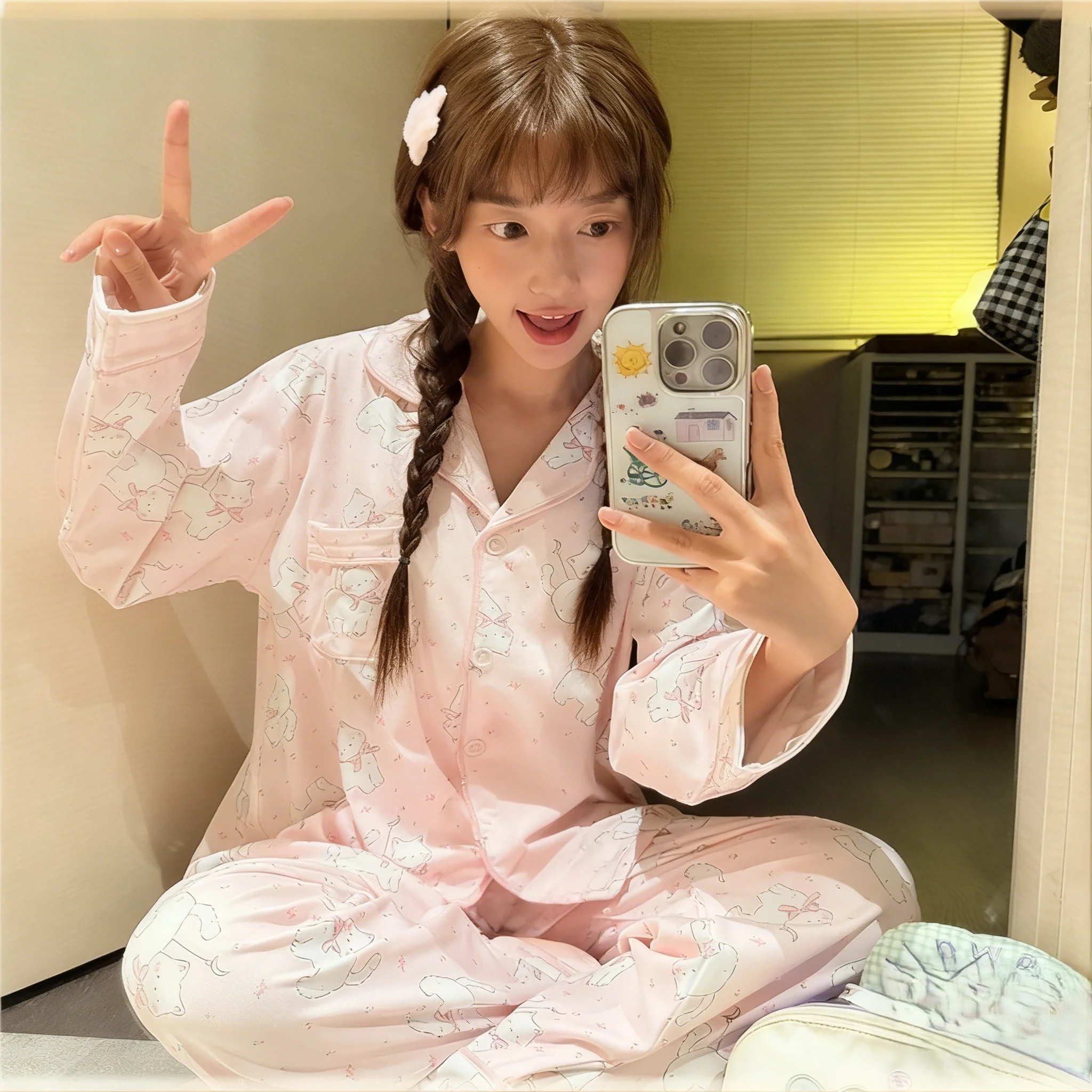 

Комплекты пижам женские оверсайз, с цветочным принтом, сексуальные, хлопковые, влагоотводящие, на пуговицах, красные, с длинными рукавами, летние, в полоску, милые, в стиле Ins