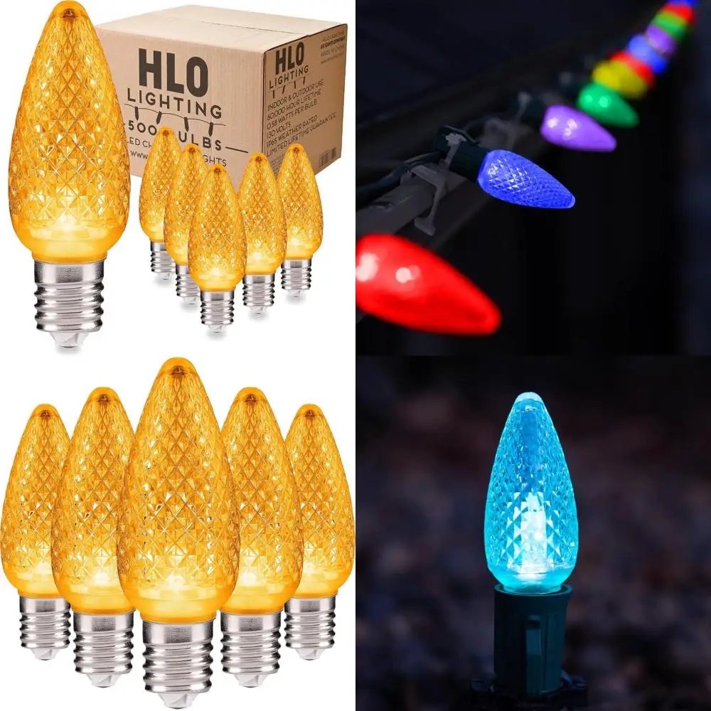 Lot de 500 ampoules de Noël LED à facettes jaunes C9, ampoules de remplacement durables pour l'intérieur et l'extérieur, pour la décoration de vacances