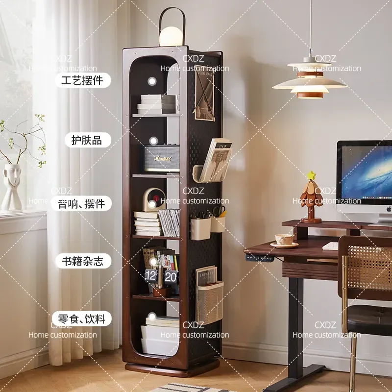 Solid Wood Full Length Mirror Rotating Cabinet Medium Antique Style Multi Functional Storage Rack for Magazine and