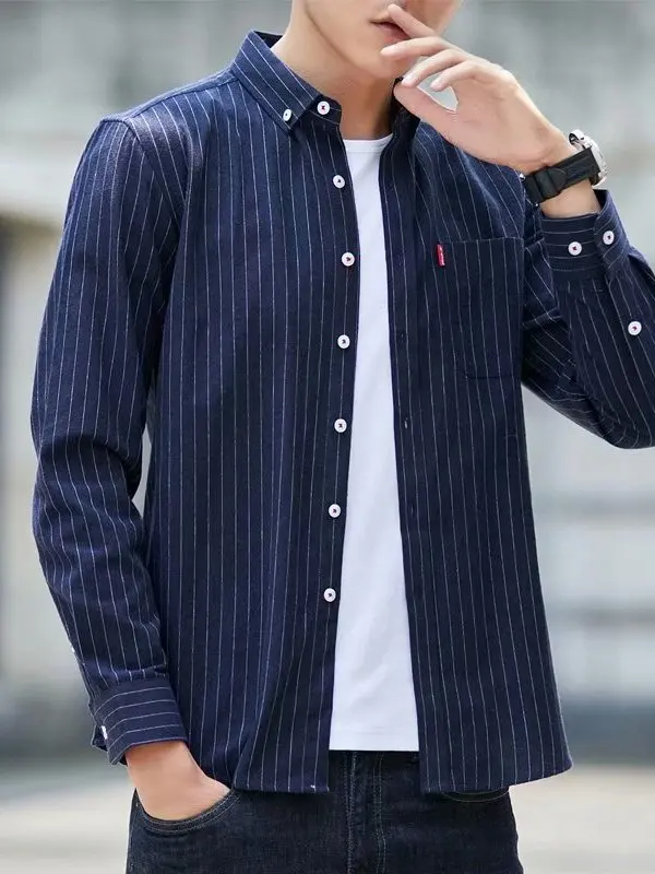 Casual Striped Long Sleeve Shirt Men's Business Iron-Free Workwear Jacket Large Size Breathable Anti-Stain Wear-Resistant Men...