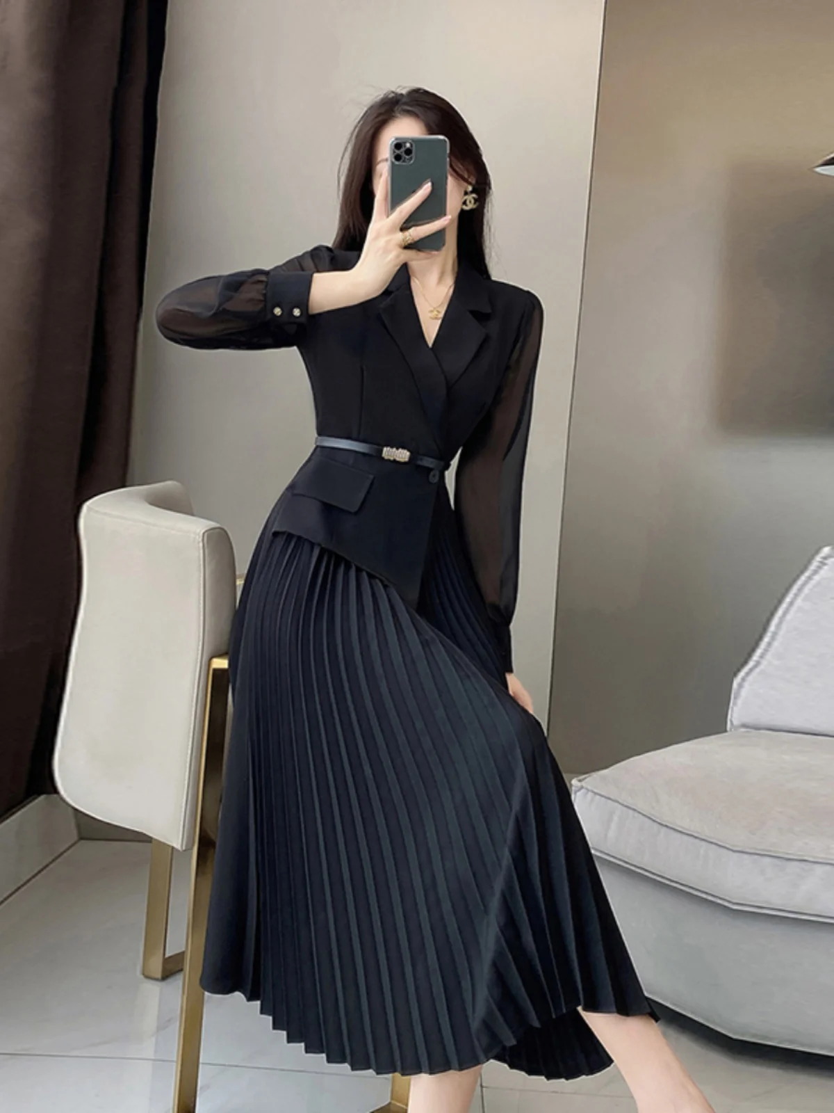 Ele Bla Women's Dr Slimming A-Line High Waist Polyester Fiber Long Sve  Collar Ci Commute Suitable