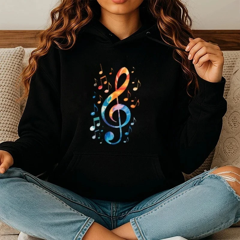 Colorful Treble Clef Hoodie for Women Casual Daily Sweatshirt Music Notes Autumn Winter Hoodie Rainbow Musician Women  Sportwear
