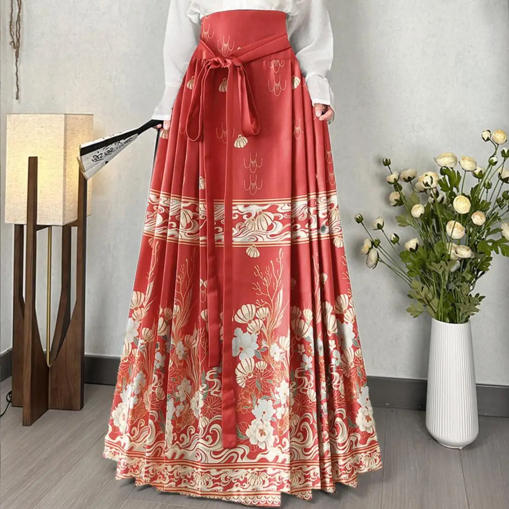 

Chinese Ming Style Maxi Skirt High Waist Women Skirt Vintage Chinese Skirts Seft Tie Floral Print Hanfu Pleated Horse Face Skirt