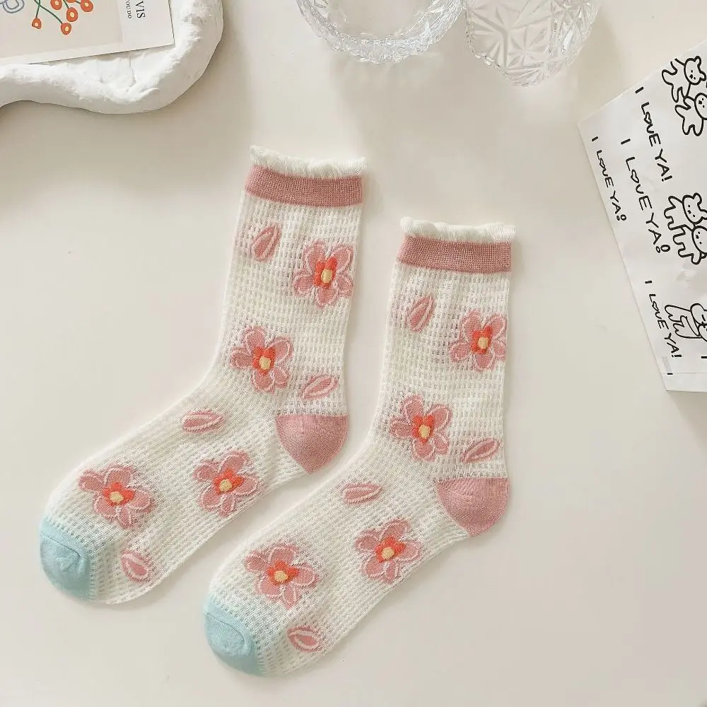 6 Pairs Flower Pattern Mesh Breathable Socks Cotton Anti-slip Breathable Summer Floral Socks Hollow Mesh Sweet Style
