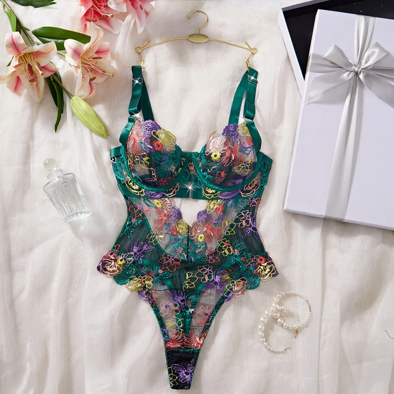 Bikini with colorful embroidery, sexy French lace, underwire, waist-shaping, body-shaping bodysuit