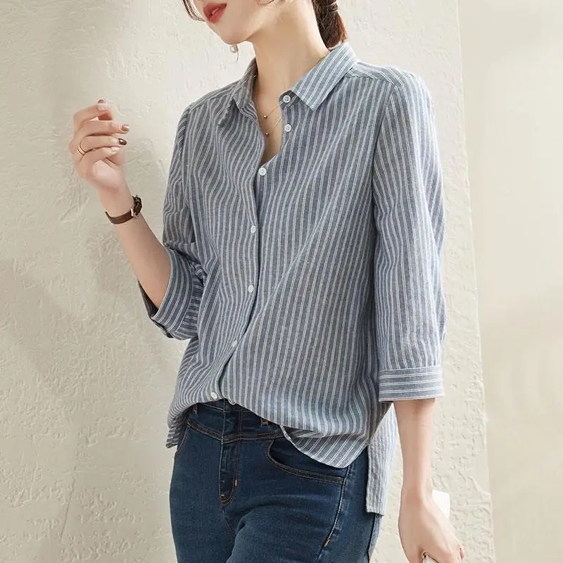 Casual Striped Blouses Bottoming Women Shirt Thin Loose Straight Spring Summer Fashion Wild Women\'s Clothing 2022 Temperament