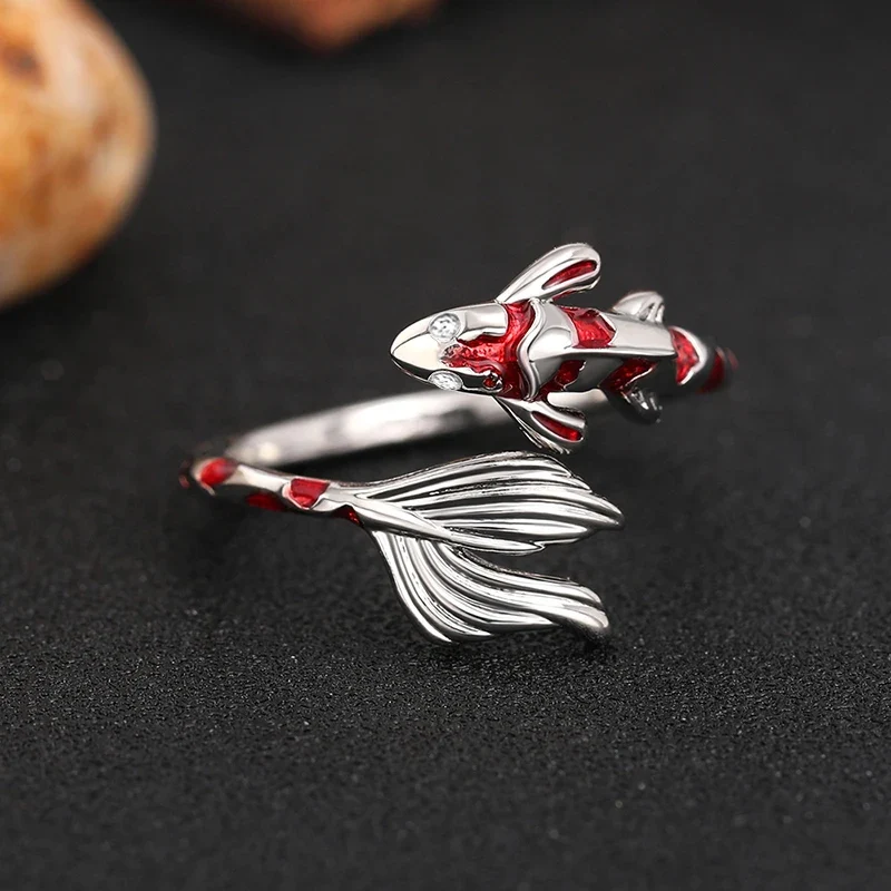 Huitan Creative Red Koi Design Opening Rings for Women Handmade Fish Rings Daily Wear Dance Party Chic Accessories Girls Jewelry