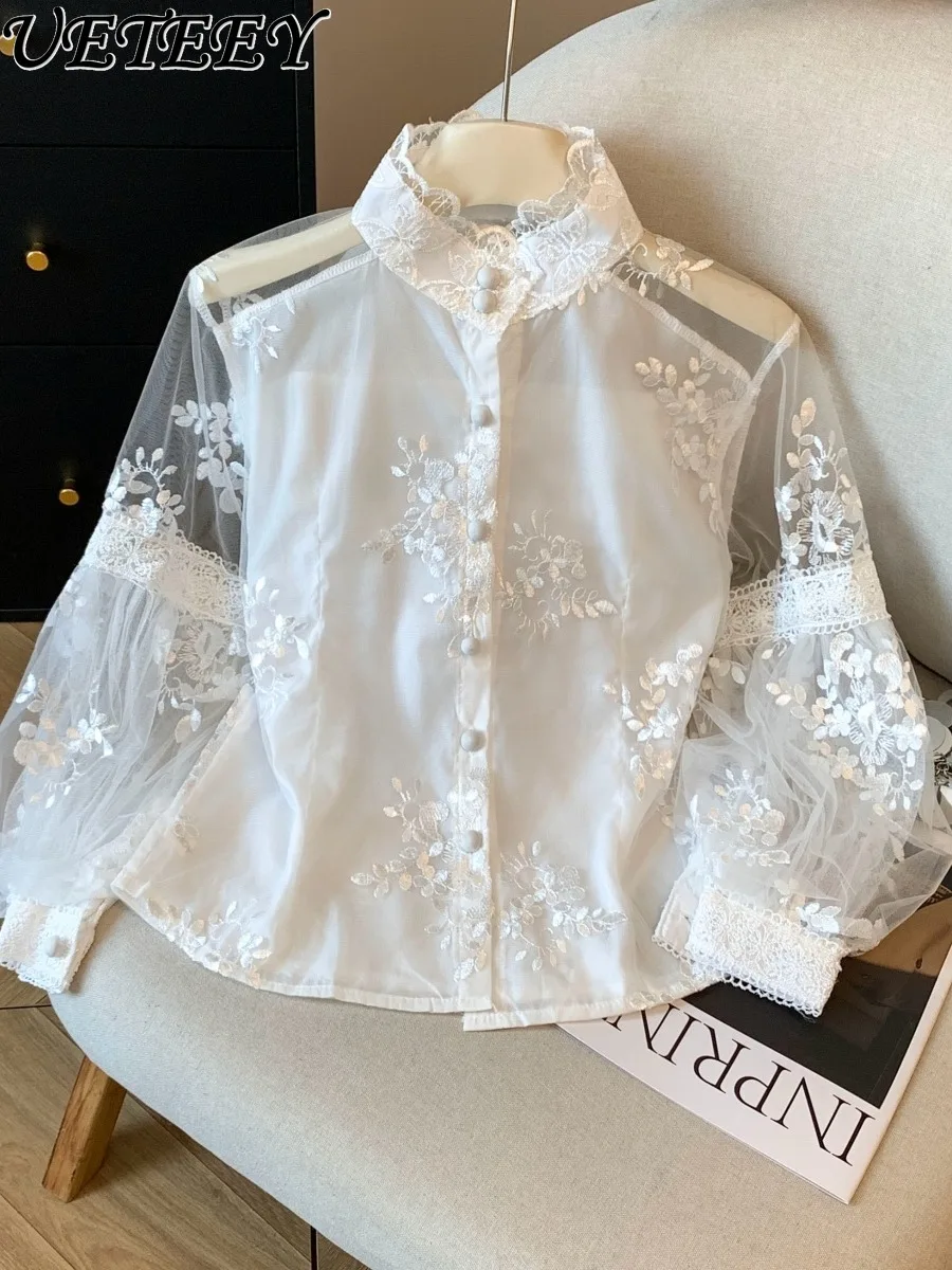 

Chinese Style Mesh Embroidery White Shirt Women Early Autumn Sun Protection Lace Blouses Stunning Lantern Long Sleeve Blouse Top