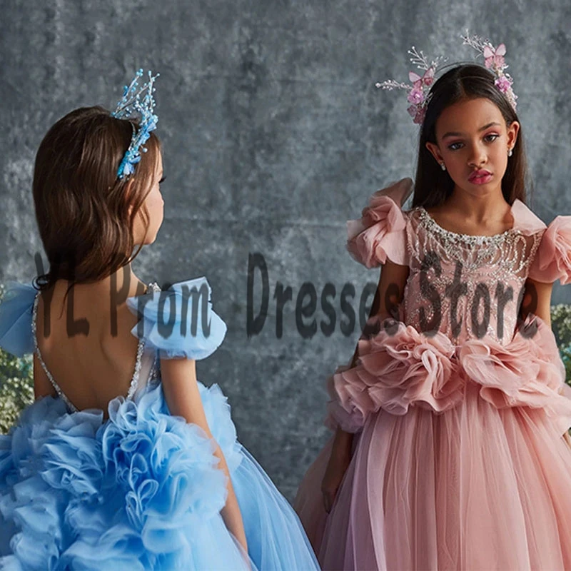 Yl elegante puff manga vestidos da menina flor varredura trem miçangas lantejoulas de cintura alta princesa ruched primeira comunhão vestidos