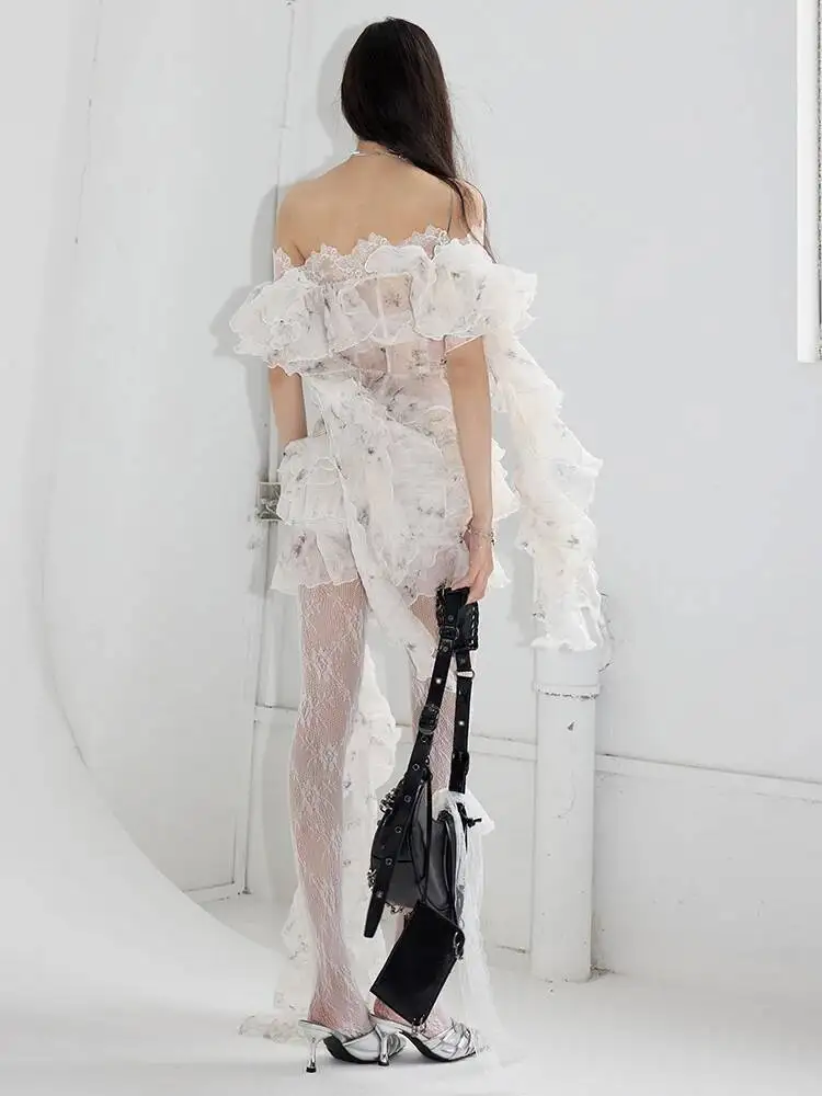 Beige High Waist Printed Irregular Ruffles Elegant Half-body Skirt Women Fashion  New Spring Summer 2026 3AJ1