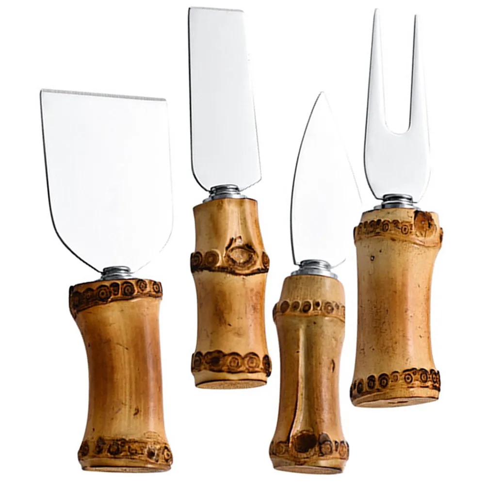 1Set Bamboo Handle Stainless Steel Cheese Knife Set Professional Multi-Function Cheese Cutter Spatula for Cream Butter Cake