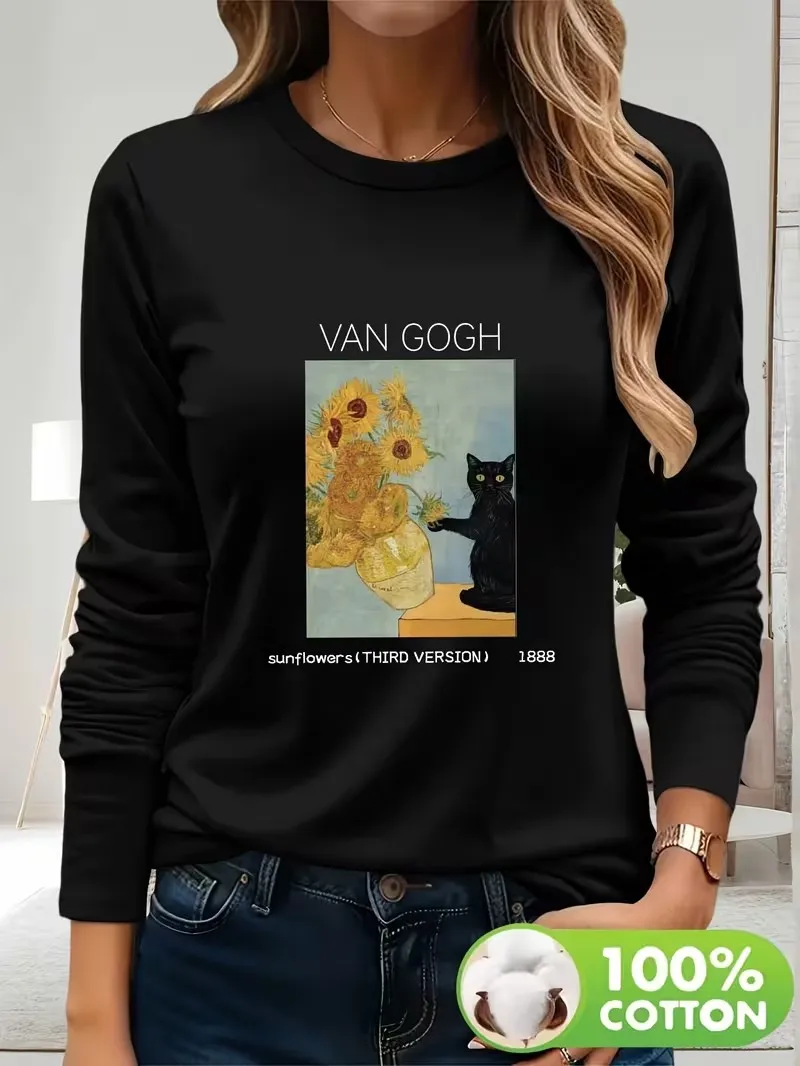 Retro Van Gogh Cat Print 100% Cotton Long Sleeve T-Shirt Vintage Graphic Tee Casual Round Neck Women'S Top Tee for Fall Winter