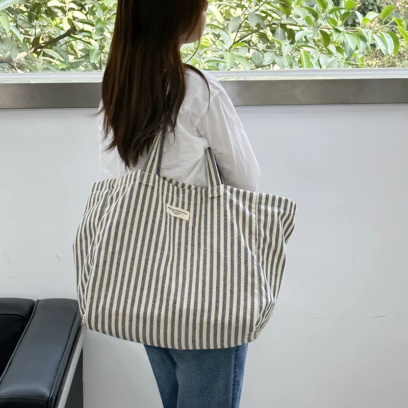 Eco Friendly Vertical Striped Fabric Large Capacity Shoulder Shopping Tote Bag