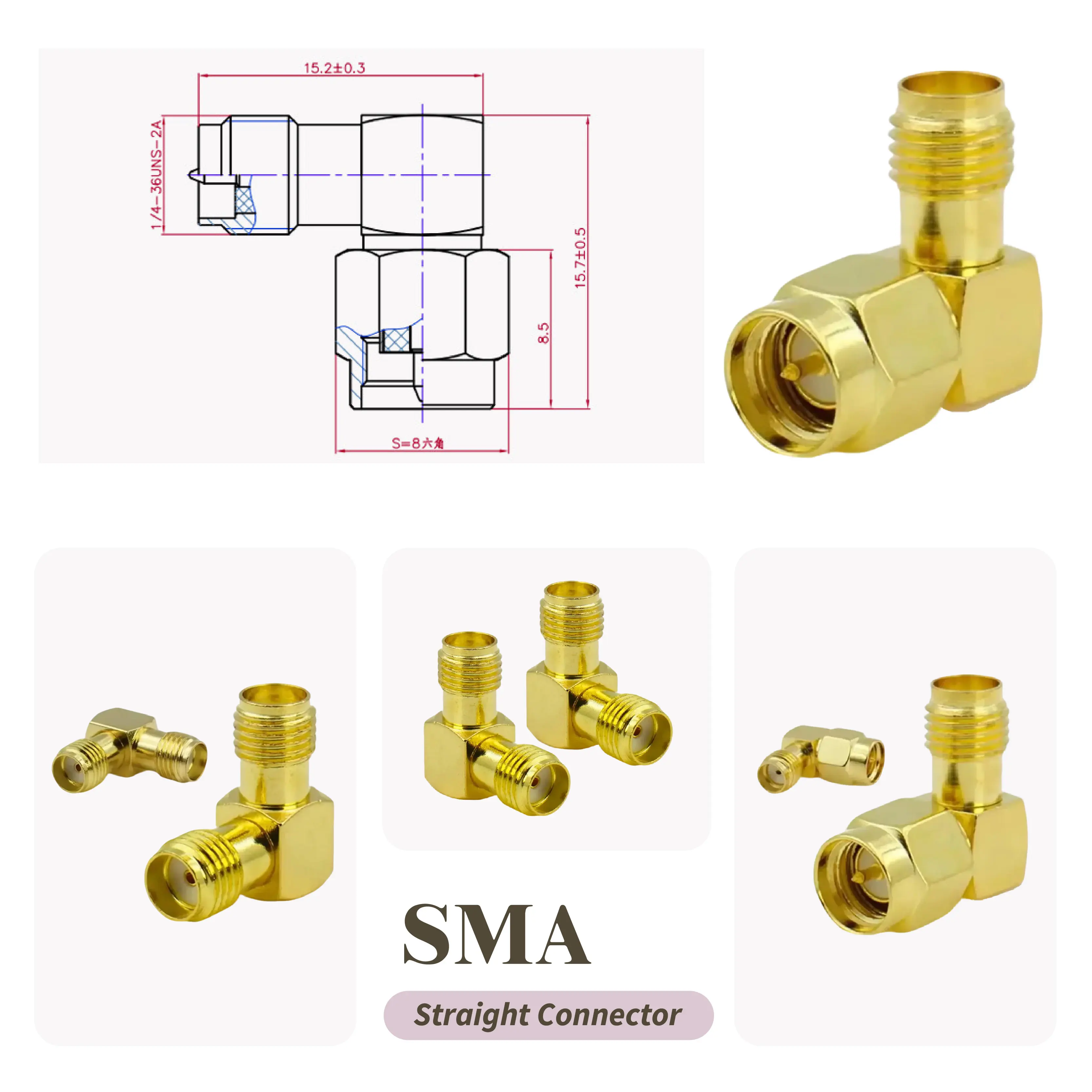 

Переходник для коаксиального радиочастотного разъема «папа» и «мама» под прямым углом SMA / RP-SMA к SMA / RP SMA
