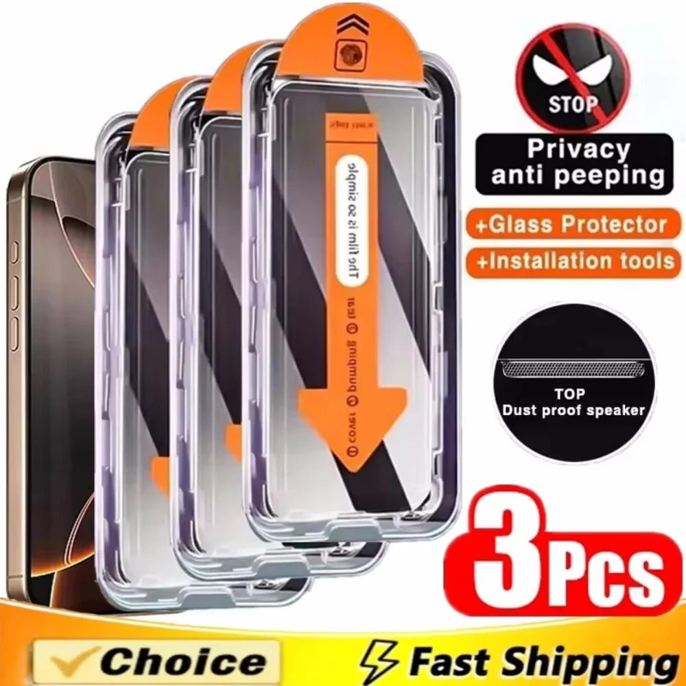 

3PCS Privacy Screen Protector 9H Tempered Glass for iPhone 16 15 14 13 12 11 Pro Max Plus Dust Free Anti-Spy HD 8K Protection
