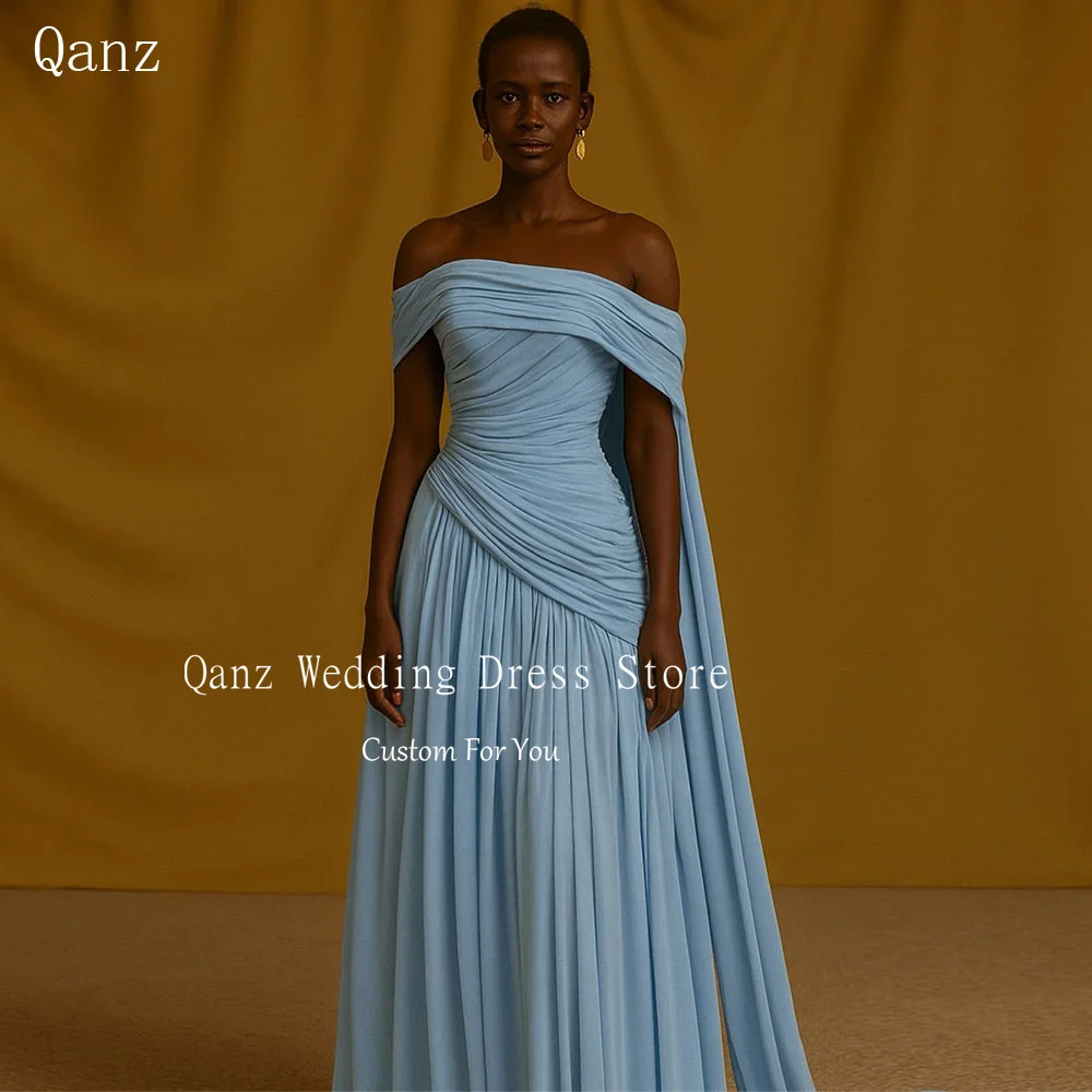 Qanz 두바이 스카이 블루 이브닝 드레스 오프 숄더 쉬폰 롱 A라인 프롬 드레스 플리츠 정장 맞춤형