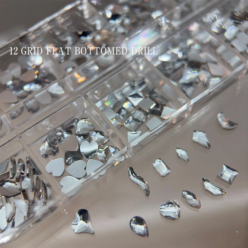 Strass scintillants à fond plat en cristal scintillant, 12 grilles, décorations géométriques irrégulières pour Nail Art, accessoires pour outils de manucure à faire soi-même
